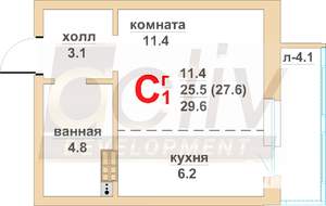 1-к квартира, вторичка, 26м2, 7/16 этаж