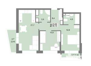 2-к квартира, строящийся дом, 66м2, 8/25 этаж