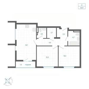 2-к квартира, вторичка, 65м2, 10/10 этаж