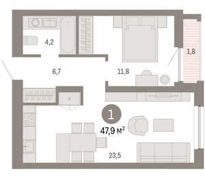 1-к квартира, вторичка, 48м2, 15/16 этаж