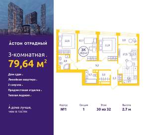 3-к квартира, сданный дом, 80м2, 30/32 этаж