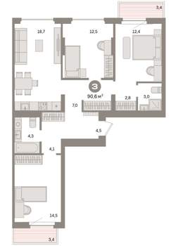3-к квартира, вторичка, 91м2, 4/7 этаж