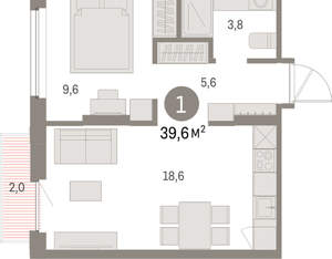 1-к квартира, вторичка, 40м2, 6/9 этаж