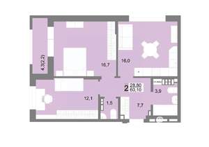 2-к квартира, строящийся дом, 60м2, 7/17 этаж