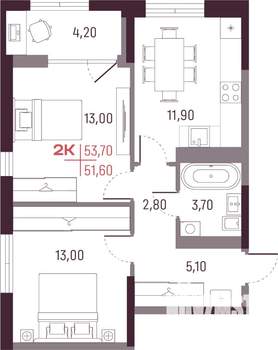 2-к квартира, вторичка, 52м2, 20/25 этаж