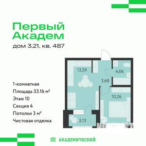 1-к квартира, вторичка, 33м2, 10/10 этаж