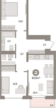 2-к квартира, вторичка, 63м2, 5/16 этаж
