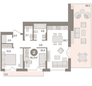 2-к квартира, вторичка, 91м2, 9/9 этаж
