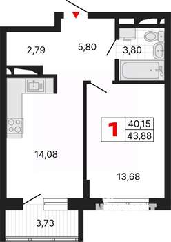 1-к квартира, вторичка, 44м2, 13/25 этаж