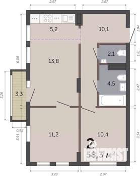 2-к квартира, вторичка, 58м2, 9/19 этаж