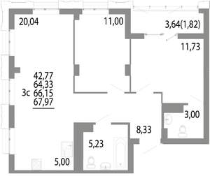 3-к квартира, строящийся дом, 66м2, 21/25 этаж