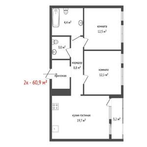 2-к квартира, вторичка, 61м2, 6/21 этаж