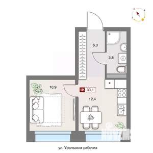 1-к квартира, строящийся дом, 33м2, 3/8 этаж