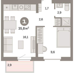 1-к квартира, вторичка, 36м2, 7/9 этаж