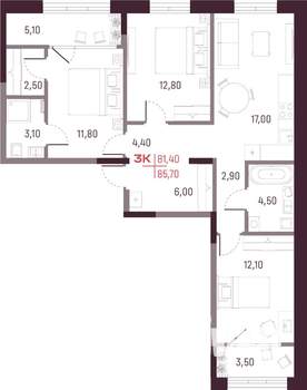 3-к квартира, вторичка, 81м2, 1/25 этаж