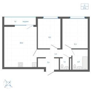 2-к квартира, вторичка, 57м2, 22/22 этаж