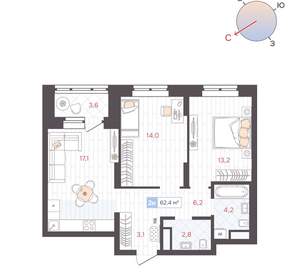 2-к квартира, вторичка, 62м2, 20/25 этаж