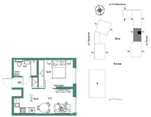 2-к квартира, строящийся дом, 34м2, 7/24 этаж