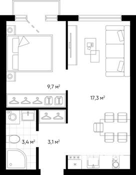 1-к квартира, строящийся дом, 34м2, 19/24 этаж