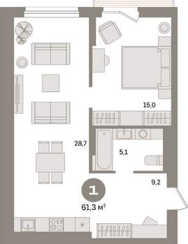 1-к квартира, вторичка, 61м2, 7/17 этаж