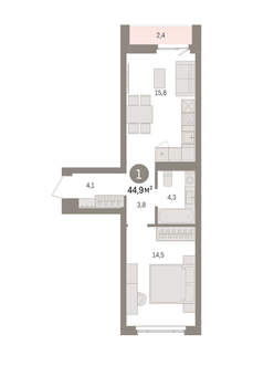 1-к квартира, вторичка, 45м2, 4/16 этаж