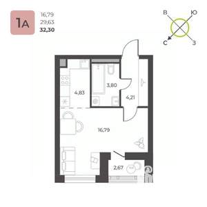 Студия квартира, строящийся дом, 32м2, 2/23 этаж