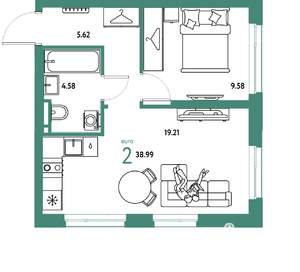 2-к квартира, строящийся дом, 39м2, 15/24 этаж