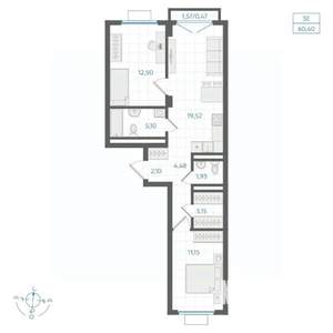 2-к квартира, строящийся дом, 60м2, 4/4 этаж