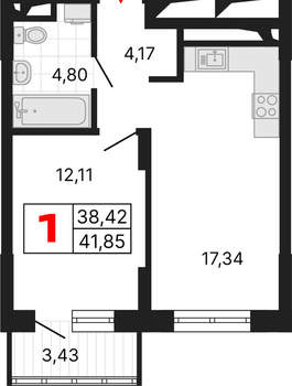 1-к квартира, вторичка, 42м2, 3/25 этаж