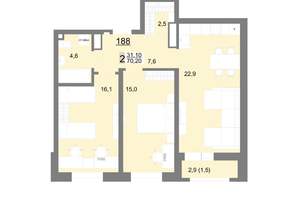 2-к квартира, вторичка, 70м2, 22/26 этаж