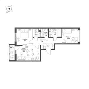 2-к квартира, строящийся дом, 59м2, 10/15 этаж