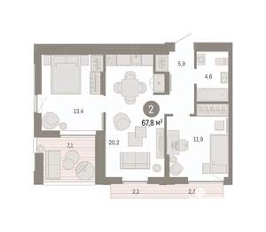 2-к квартира, вторичка, 68м2, 13/16 этаж