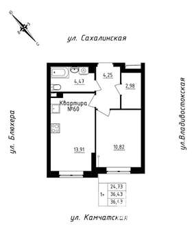 1-к квартира, строящийся дом, 36м2, 6/25 этаж