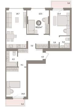 3-к квартира, вторичка, 91м2, 5/7 этаж