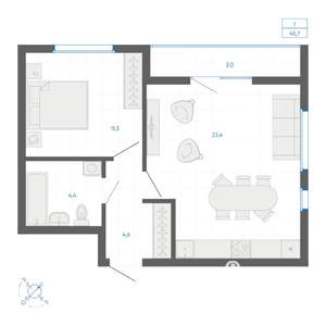 1-к квартира, вторичка, 46м2, 2/22 этаж