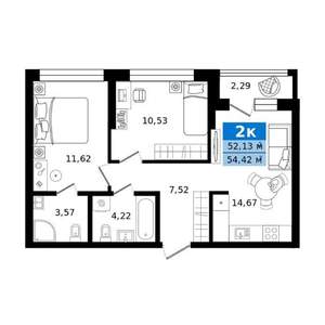 2-к квартира, строящийся дом, 54м2, 2/25 этаж