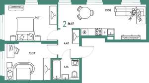 2-к квартира, строящийся дом, 56м2, 23/25 этаж
