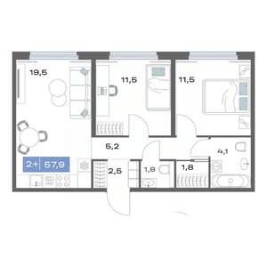 2-к квартира, строящийся дом, 58м2, 3/25 этаж