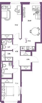 3-к квартира, вторичка, 71м2, 9/24 этаж