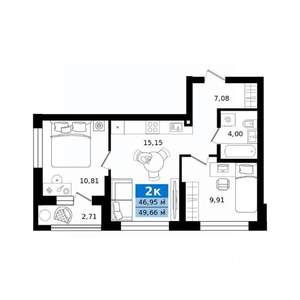 2-к квартира, строящийся дом, 50м2, 11/27 этаж