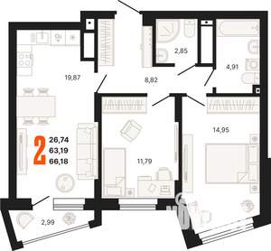 3-к квартира, строящийся дом, 66м2, 23/25 этаж