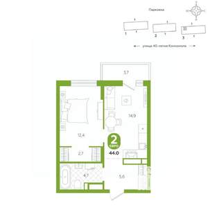 1-к квартира, вторичка, 44м2, 15/16 этаж