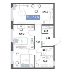 2-к квартира, строящийся дом, 62м2, 3/17 этаж
