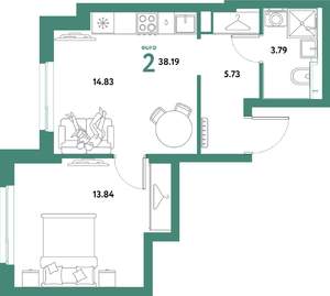 2-к квартира, строящийся дом, 38м2, 24/31 этаж