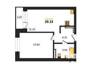 1-к квартира, строящийся дом, 39м2, 4/19 этаж