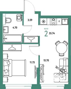 2-к квартира, строящийся дом, 36м2, 4/24 этаж