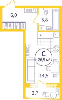 Студия квартира, вторичка, 26м2, 6/8 этаж