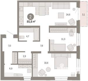 2-к квартира, вторичка, 86м2, 11/24 этаж