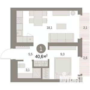 1-к квартира, вторичка, 41м2, 4/9 этаж