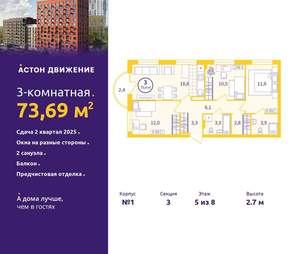 3-к квартира, вторичка, 74м2, 5/12 этаж